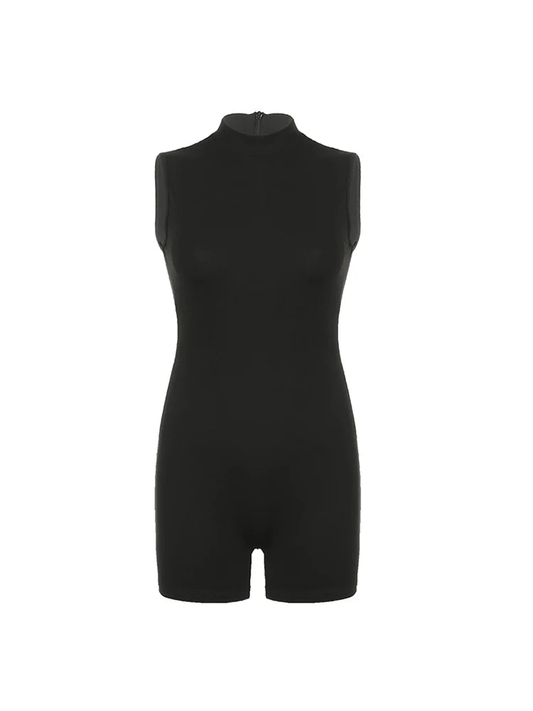Black Solid Sleeveless Turtleneck Skinny Sexy Rompers Womens Playsuit Basic Casual Streetwear