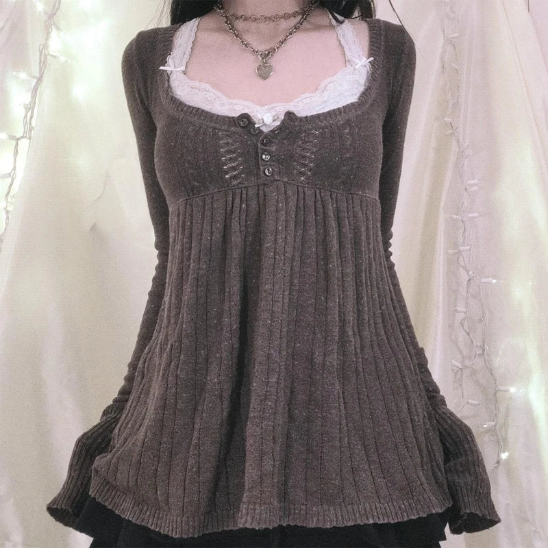 2000s Vintage Long Sleeve Babydoll Knitted Sweater Tops Cottage Milkmaid Pullovers Aesthetic Grunge Y2k Knitwear T-shirts Women