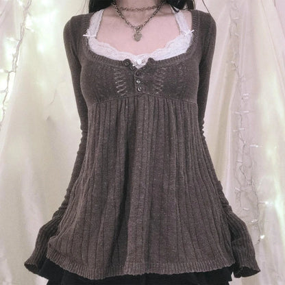 2000s Vintage Long Sleeve Babydoll Knitted Sweater Tops Cottage Milkmaid Pullovers Aesthetic Grunge Y2k Knitwear T-shirts Women
