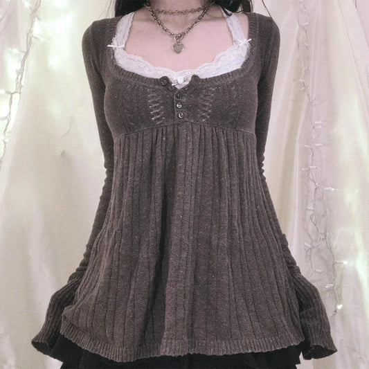 2000s Vintage Long Sleeve Babydoll Knitted Sweater Tops Cottage Milkmaid Pullovers Aesthetic Grunge Y2k Knitwear T-shirts Women