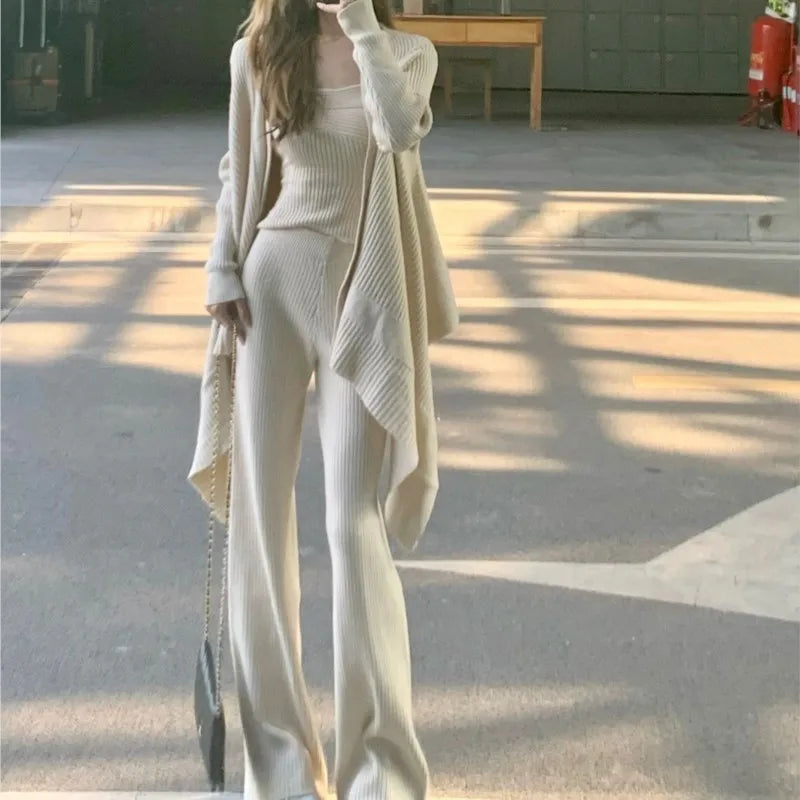 Conjunto de 3 piezas de punto liso para otoño e invierno, camiseta sin mangas para mujer, pantalones largos, cárdigan, suéter, jersey, moda coreana, conjuntos casuales, nuevo