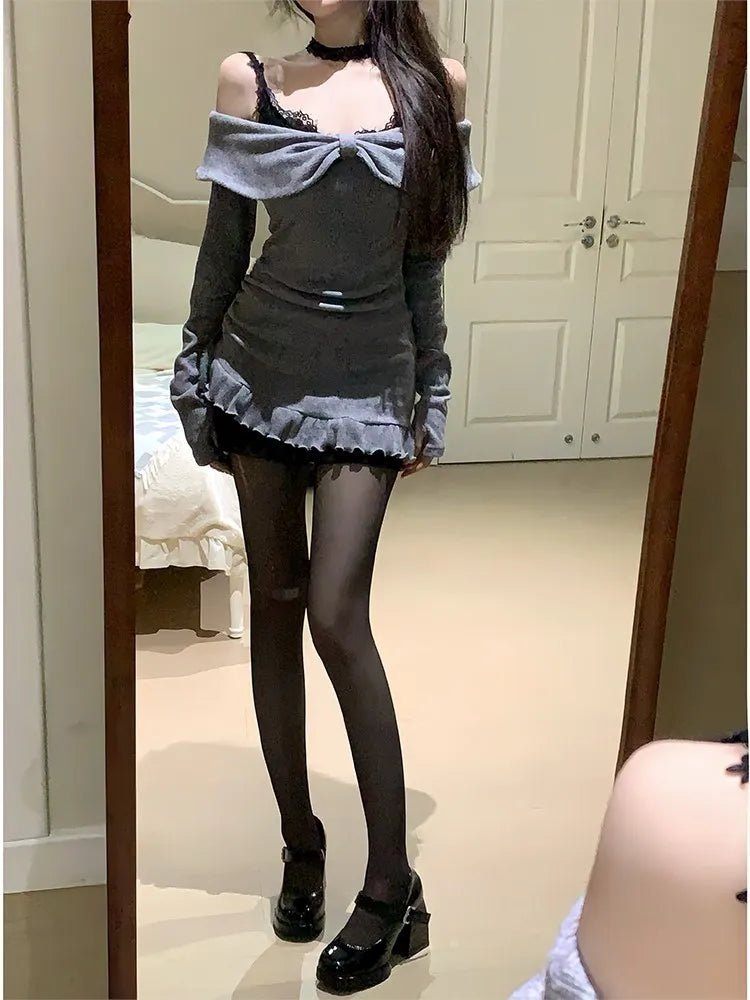 Conjunto de dos piezas de encaje Y2K, minivestidos para mujer, tirantes finos, de punto, estilo coreano, sexy, para fiesta