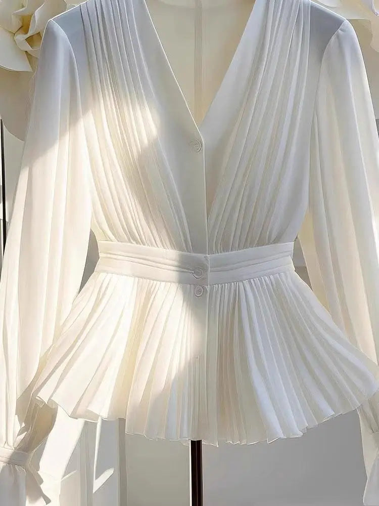 Blusa básica de chifón con cuello en V y volantes para mujer, elegante, blanca, plisada, de manga larga, informal, para oficina