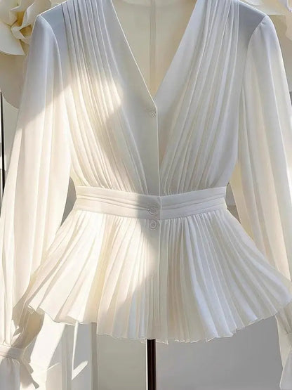 Blusa básica de chifón con cuello en V y volantes para mujer, elegante, blanca, plisada, de manga larga, informal, para oficina