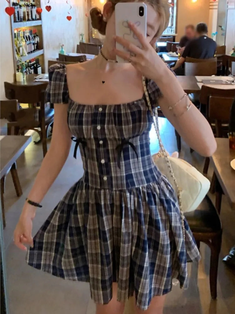 Y2K Plaid Short Dresses for Women Princess Birthday Party Dress Puff Sleeve Square Collar Bow Prom Summer Mini Vestidos Mujer