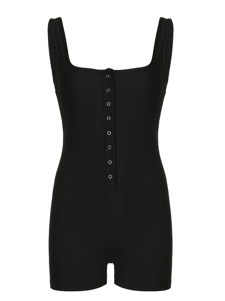 Black Ribbed Sleeveless Square Collar Skinny Sexy Rompers Buttons Details Solid Basic Tank Bodys Playsuits