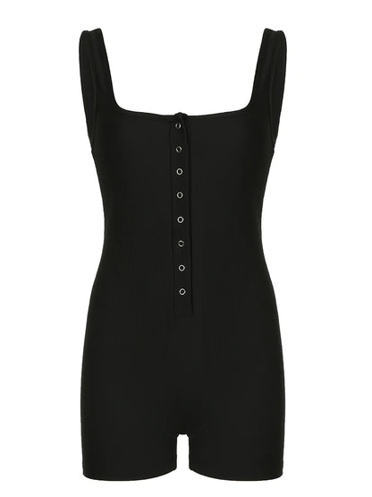 Black Ribbed Sleeveless Square Collar Skinny Sexy Rompers Buttons Details Solid Basic Tank Bodys Playsuits