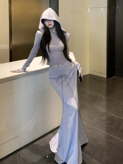 Conjunto de falda de 3 piezas de otoño Y2K para mujer, cárdigan corto con capucha de manga larga, chaleco, falda larga, ropa de calle sexy para fiesta y club Harajuku, nuevo