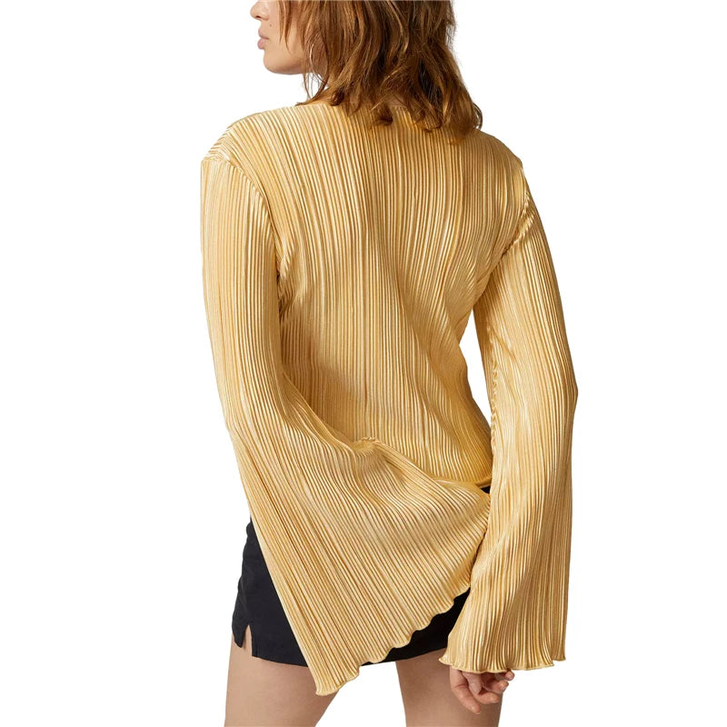Blusa Y2K de los años 2000 para mujer, de color liso, con una sola botonadura, de manga larga, plisada, con borde con volantes, ropa de calle