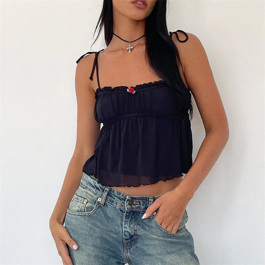 Tops Y2K para mujer, ropa Fairycore, camisola plisada sin mangas con tirantes finos y flores, estilo años 2000, ropa de fiesta y club.