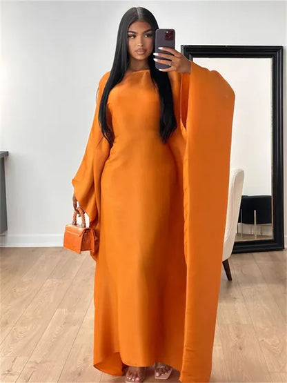Autumn Loose Shiny Maxi Dress Women’s Butterfly Batwing Long Sleeve Muslim Clothes Party Dress Solid Female Long Dress New