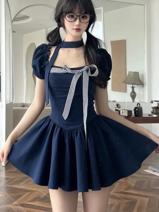 Y2K Short Dresses for Women Square Collar Puff Sleeve Ruffles A-line Solid Summer Korean Fashion Sweet One Piece Vestido Mujer