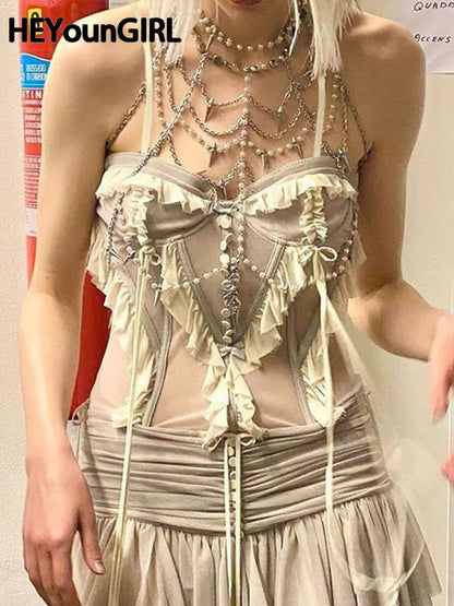 Camisola de tirantes fina con volantes y retazos para mujer, estilo Y2K, estilo veraniego, estilo urbano, sexy, de los años 2000