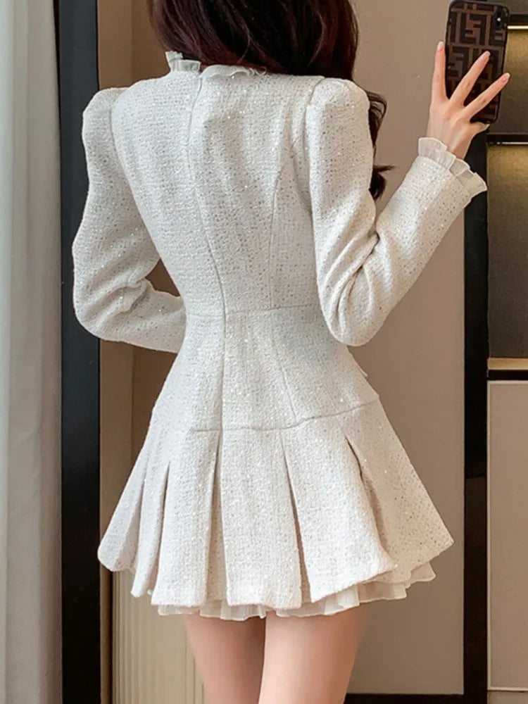 Vestido corto a cuadros de tweed para mujer, moda Otoño Invierno, nuevo, plisado, con una sola botonadura, elegante y chic.