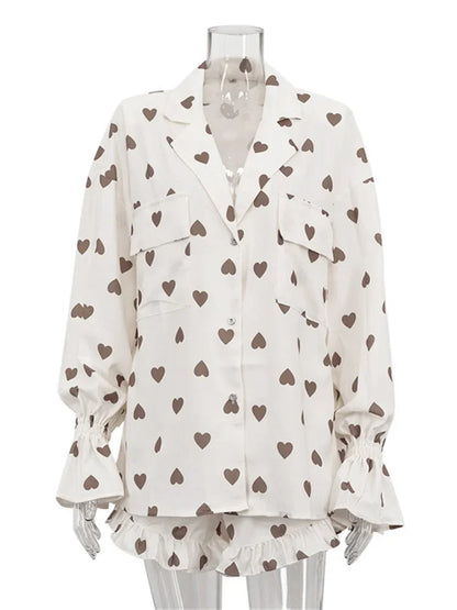 Autumn 2 Piece-Set Shorts For Women Printed Pocket Shirts And High Waist Slim Shorts Sets Female Casual Contrast Outfits