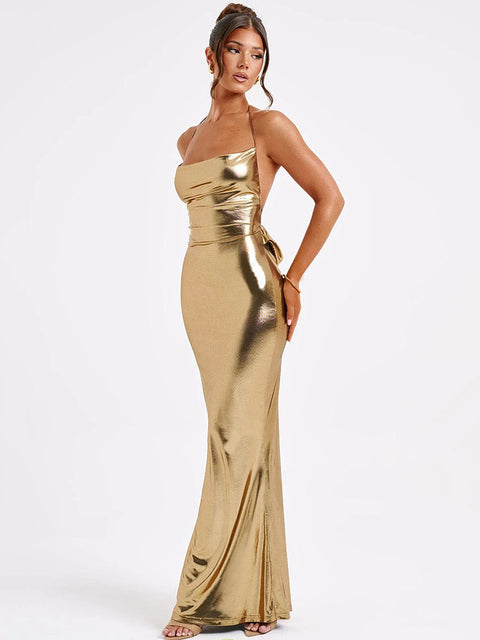 Sexy Sleeveless Metal Dress For Women Elegant Backless Evening Dress Maxi Bodycon Vestidos Fashion Party Clubwear