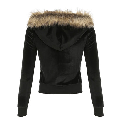 Black Velvet Faux Collar Hooded Sweats Women¡¯s Long Sleeve Causal Simple Hoodies Autumn High Fashion Clothes