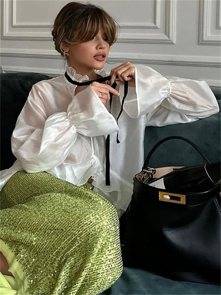 Bandage See-Through Chiffon Shirts Pullover For Women Cover up Patchwork Fashion Summer  Lace-Up Women’s Blouse Top