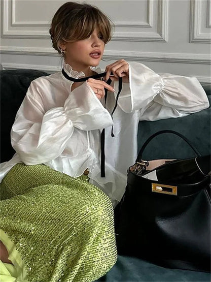 Bandage See-Through Chiffon Shirts Pullover For Women Cover up Patchwork Fashion Summer  Lace-Up Women’s Blouse Top