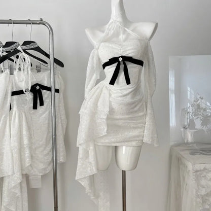 Minivestidos de encaje Y2K para mujer, cuello alto, mangas acampanadas, corte A, volantes, fiesta de cumpleaños, vestido de cola corta, moda coreana.