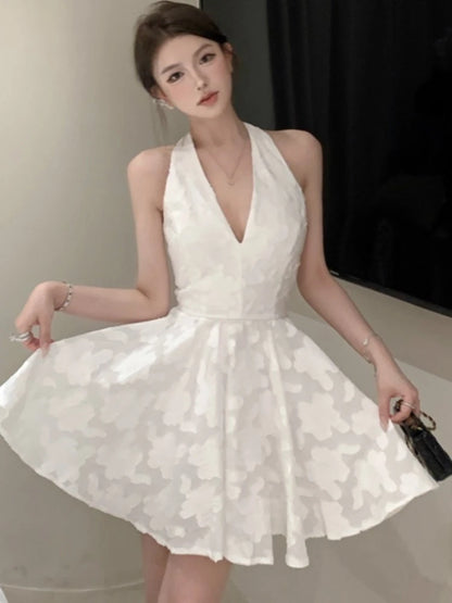 Y2K Halter Backless Short Dresses for Women V-neck Jacquard Sleeveless A-line Birthday Party Dress Prom Mini Vestidos Mujer New
