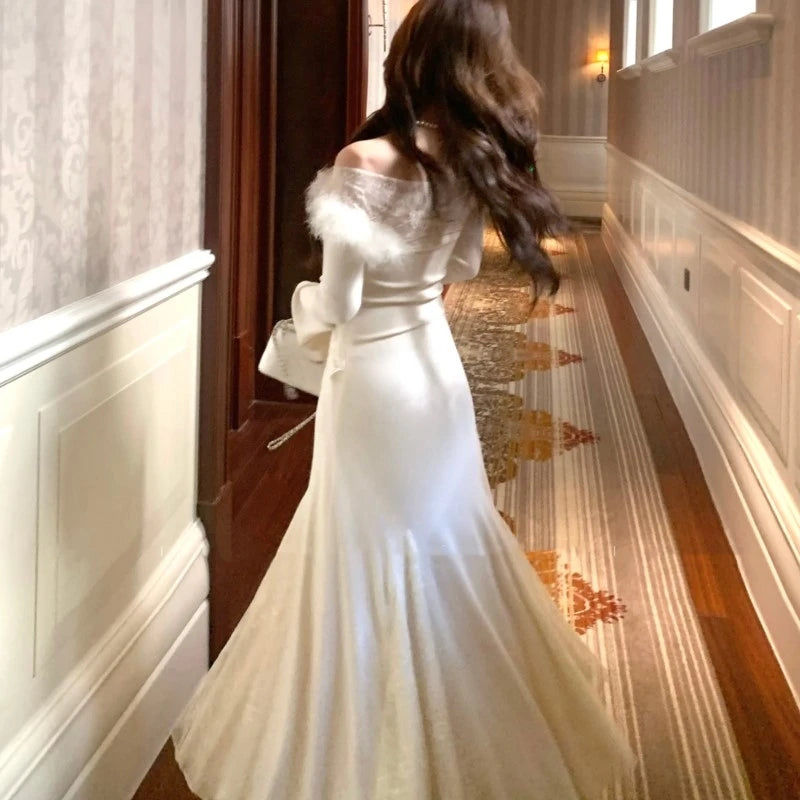 Vestidos de punto nuevos de otoño e invierno para mujer, cuello alto, manga acampanada, encaje de retazos, corte sirena, moda coreana, Vestidos para mujer