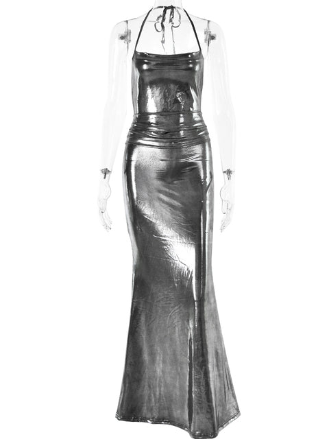 Sexy Sleeveless Metal Dress For Women Elegant Backless Evening Dress Maxi Bodycon Vestidos Fashion Party Clubwear