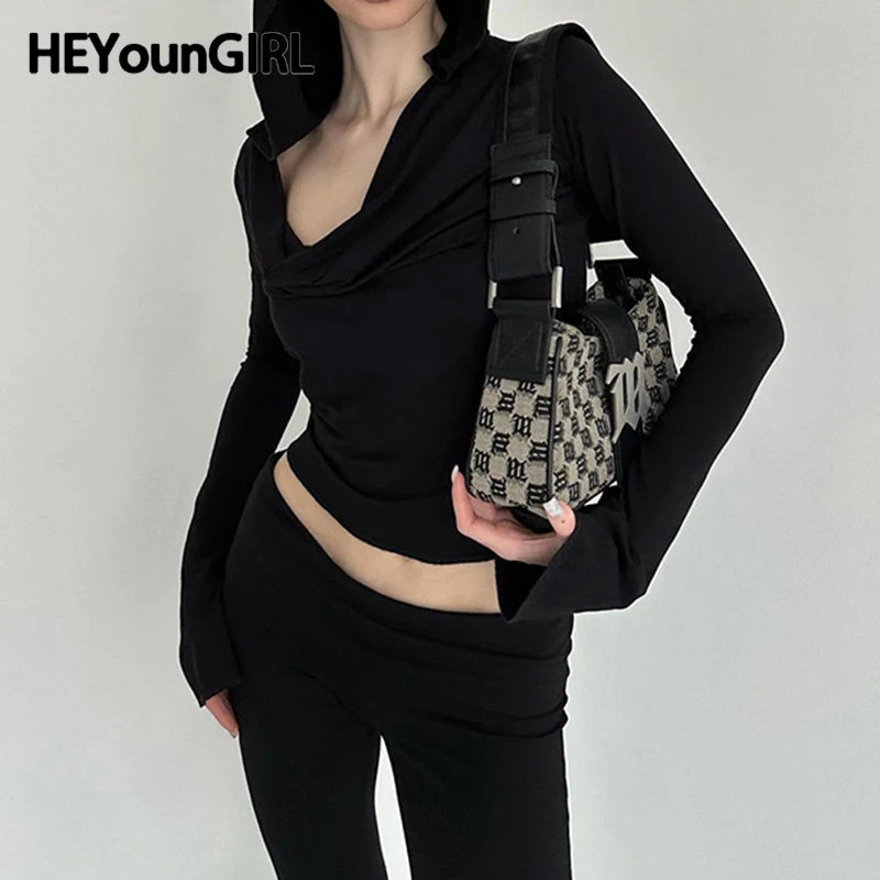 Basic Slim Fit Hooded Crop Top Elastic Long Sleeve Women Black Casual T-shirt Casual Swinging Collar Hoodies Pullover