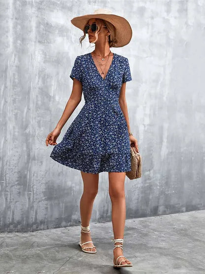 Summer Short Boho Dress Women V Neck Print Floral Party Dress Ladies Bohemian Flower Mini Dress For Women