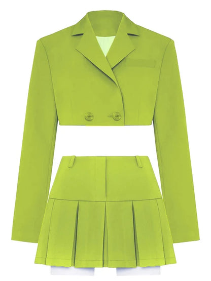 2025 Casual Blazer And Skirt Sets For Women Two Piece Set Outfits Gray Ladies Cropped Coat Blazer Femme 2-Piece Sets New