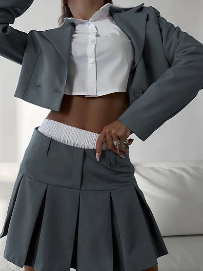 2025 Casual Blazer And Skirt Sets For Women Two Piece Set Outfits Gray Ladies Cropped Coat Blazer Femme 2-Piece Sets New