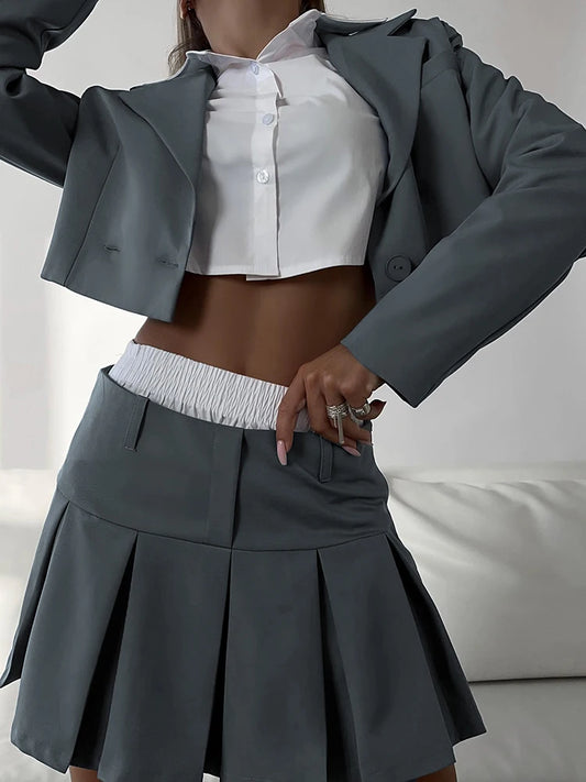 2025 Casual Blazer And Skirt Sets For Women Two Piece Set Outfits Gray Ladies Cropped Coat Blazer Femme 2-Piece Sets New