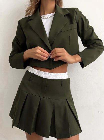 2025 Casual Blazer And Skirt Sets For Women Two Piece Set Outfits Gray Ladies Cropped Coat Blazer Femme 2-Piece Sets New