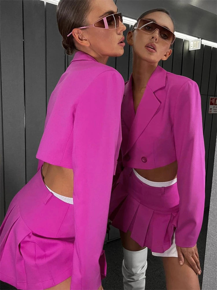 2025 Casual Blazer And Skirt Sets For Women Two Piece Set Outfits Gray Ladies Cropped Coat Blazer Femme 2-Piece Sets New