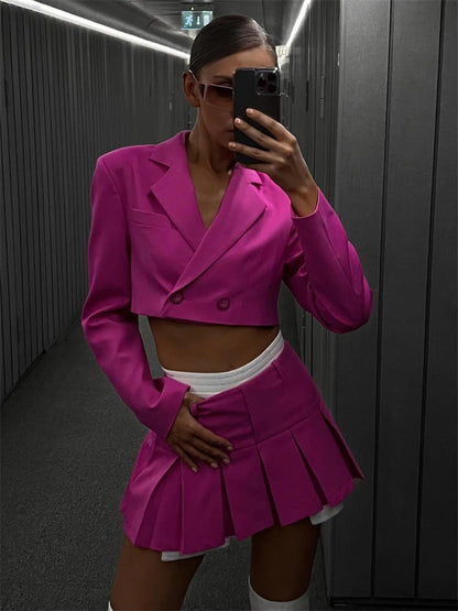 2025 Casual Blazer And Skirt Sets For Women Two Piece Set Outfits Gray Ladies Cropped Coat Blazer Femme 2-Piece Sets New