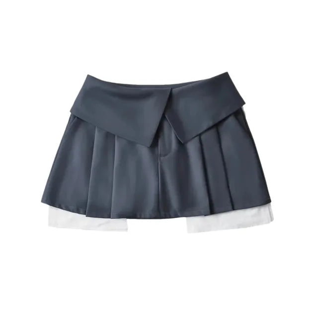 2025 New Mini Skirt For Women High Waist Gray Pleated Skirt A-Line Turn-Down Shorts Y2k Skirt With Pockets Streetwear
