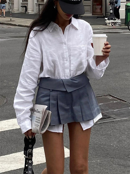 2025 New Mini Skirt For Women High Waist Gray Pleated Skirt A-Line Turn-Down Shorts Y2k Skirt With Pockets Streetwear