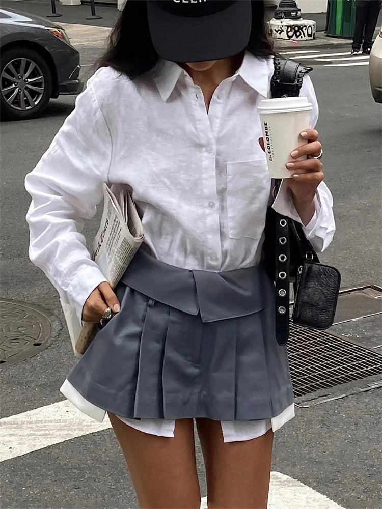 2025 New Mini Skirt For Women High Waist Gray Pleated Skirt A-Line Turn-Down Shorts Y2k Skirt With Pockets Streetwear