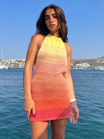 2025 Summer Dress For Women Knitting Halter Sleeveless Bodycon Mini Dresses Y2K Sexy Backless Boho Beach Dress Short