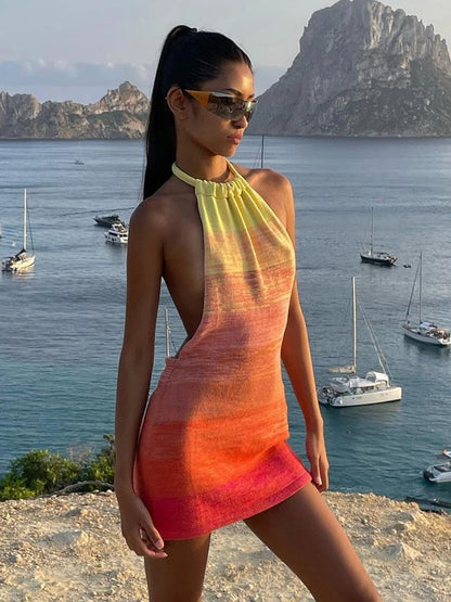 2025 Summer Dress For Women Knitting Halter Sleeveless Bodycon Mini Dresses Y2K Sexy Backless Boho Beach Dress Short