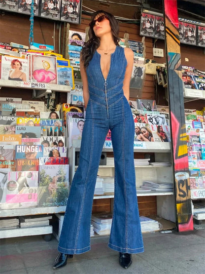 Backless Heart Cutout Bodycon Jumpsuit For Women Casual Sleeveless Slim One-Piece Outfits Retro Denim Jumpsuits New 2025