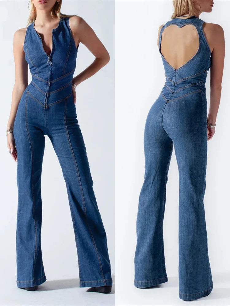 Backless Heart Cutout Bodycon Jumpsuit For Women Casual Sleeveless Slim One-Piece Outfits Retro Denim Jumpsuits New 2025