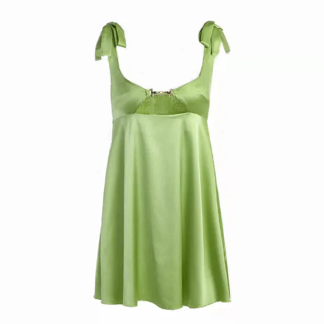 Bandage Satin Dress Women Party Sexy Backless Sleeveless Loose Dresses Ladies Hollow Out Casual Mini Dress Woman 2025 New