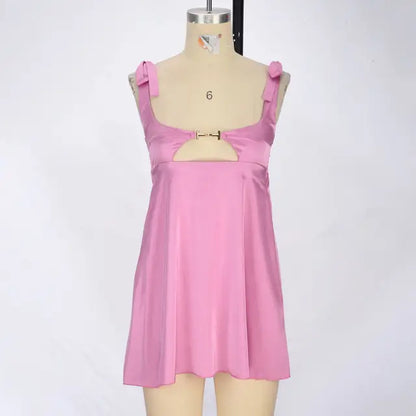 Bandage Satin Dress Women Party Sexy Backless Sleeveless Loose Dresses Ladies Hollow Out Casual Mini Dress Woman 2025 New