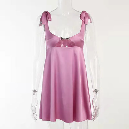 Bandage Satin Dress Women Party Sexy Backless Sleeveless Loose Dresses Ladies Hollow Out Casual Mini Dress Woman 2025 New