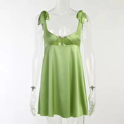 Bandage Satin Dress Women Party Sexy Backless Sleeveless Loose Dresses Ladies Hollow Out Casual Mini Dress Woman 2025 New