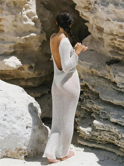 Beach Cover Up Outfits For Women Summer Holiday Party Beach Dress Backless See-Through Oversized Crochet Dress Swimwear