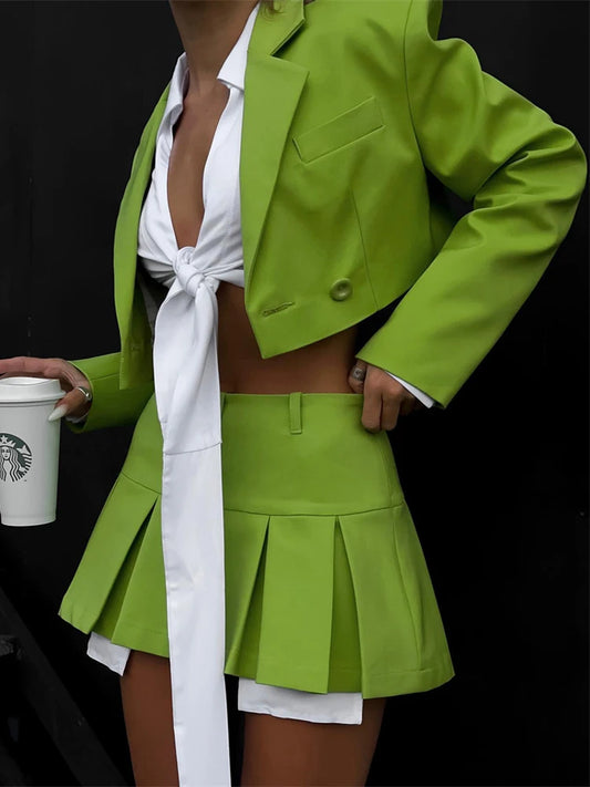 Black Blazer Sets 2025 Fashion Two Piece Cropped Blazer Jacket Coat And Mini Skirts Sets For Women Casual Suit Streetwear