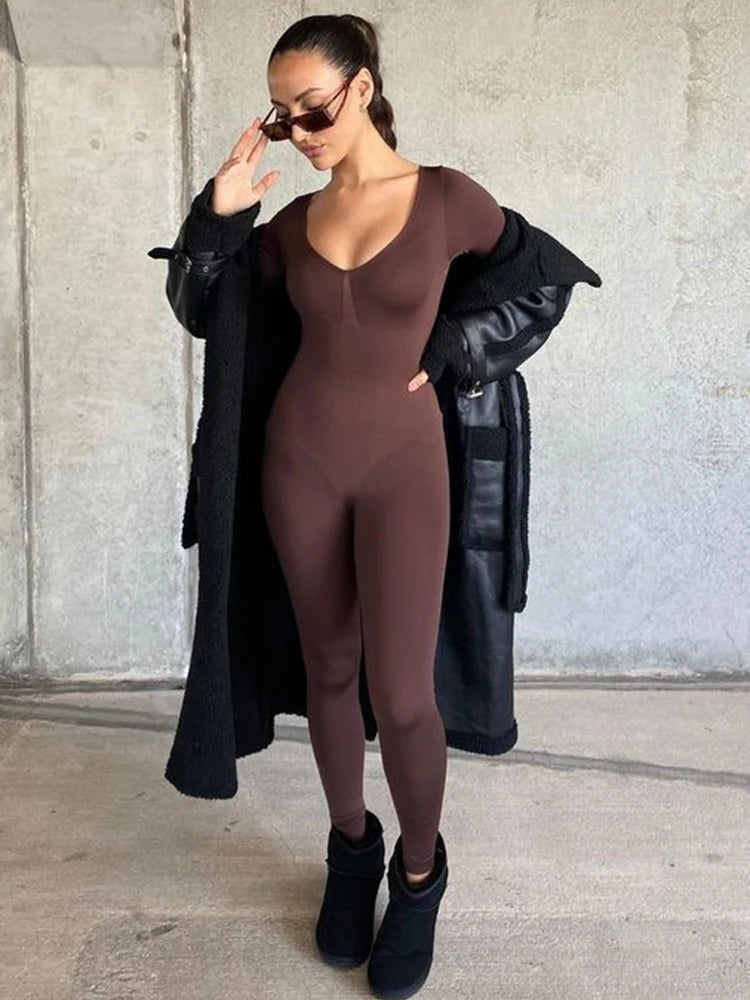 Mono negro de mujer de primavera, de manga larga, con cuello en V, ajustado, de una pieza, elástico, para fitness, mono sexy