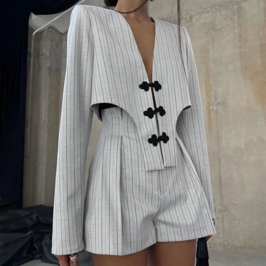 Designer Women’s Striped Set Casual Oversized Blazer Two Pieces Set For Women Pullover Long Sleeve Shirt Tops And Shorts